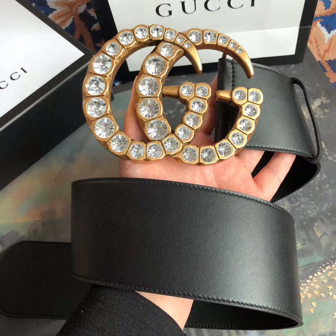 Leather belt with deals crystal double g buckle