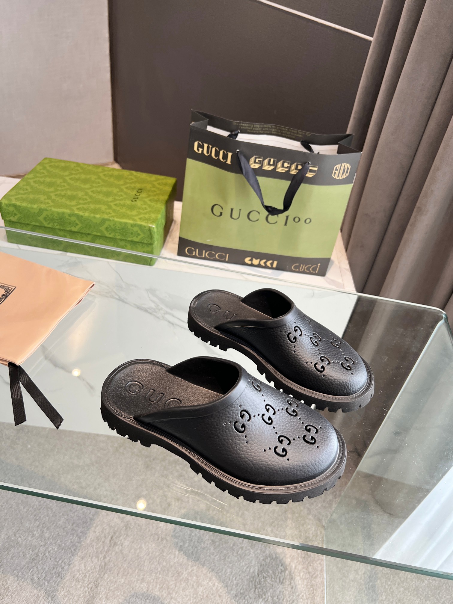 Gucci GG Slides perforated carved shoes black B - Image 3