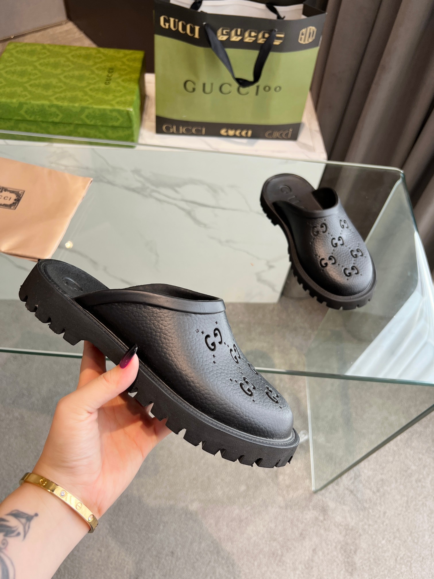 Gucci GG Slides perforated carved shoes black B - Image 4