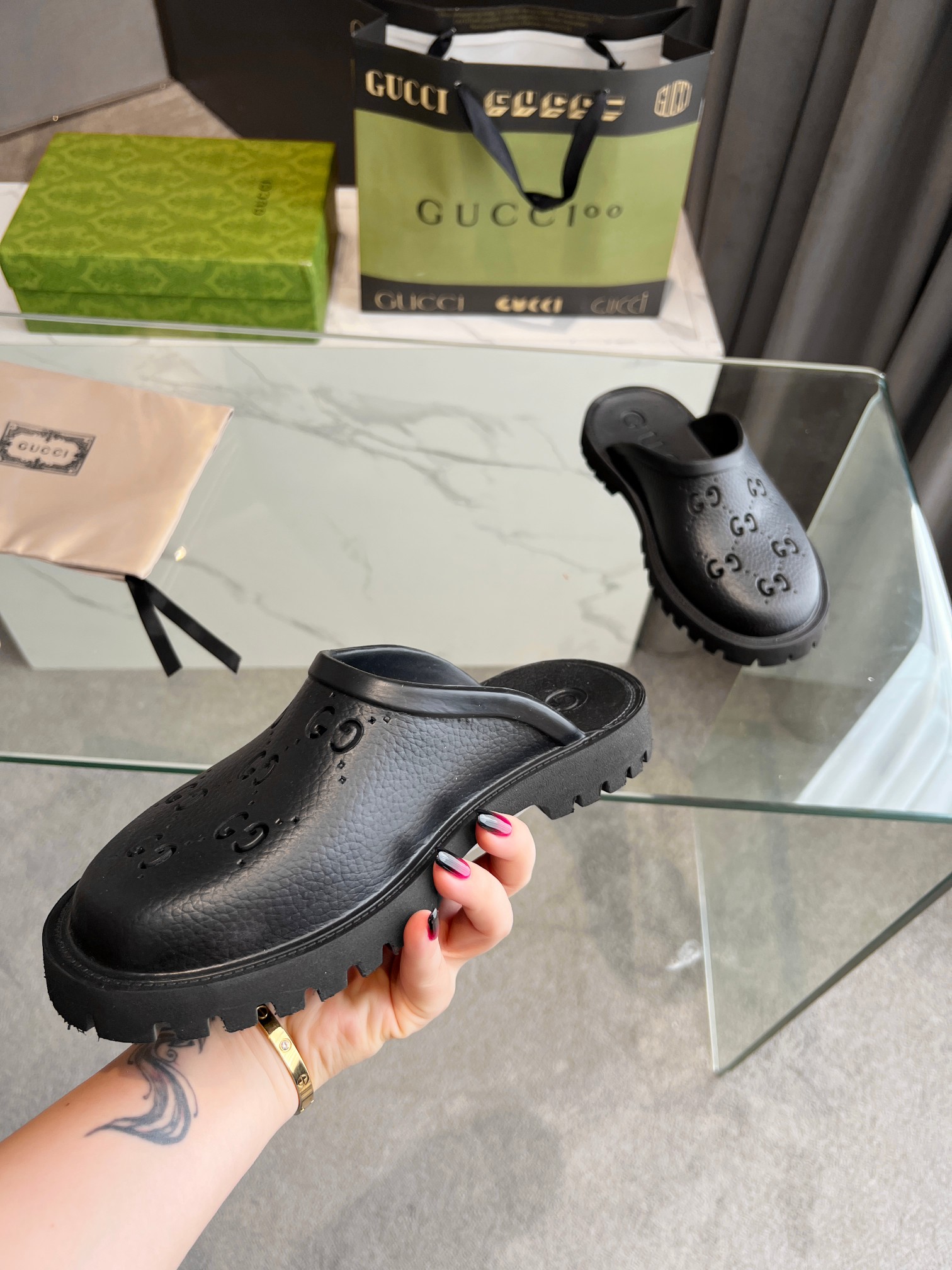 Gucci GG Slides perforated carved shoes black B - Image 5