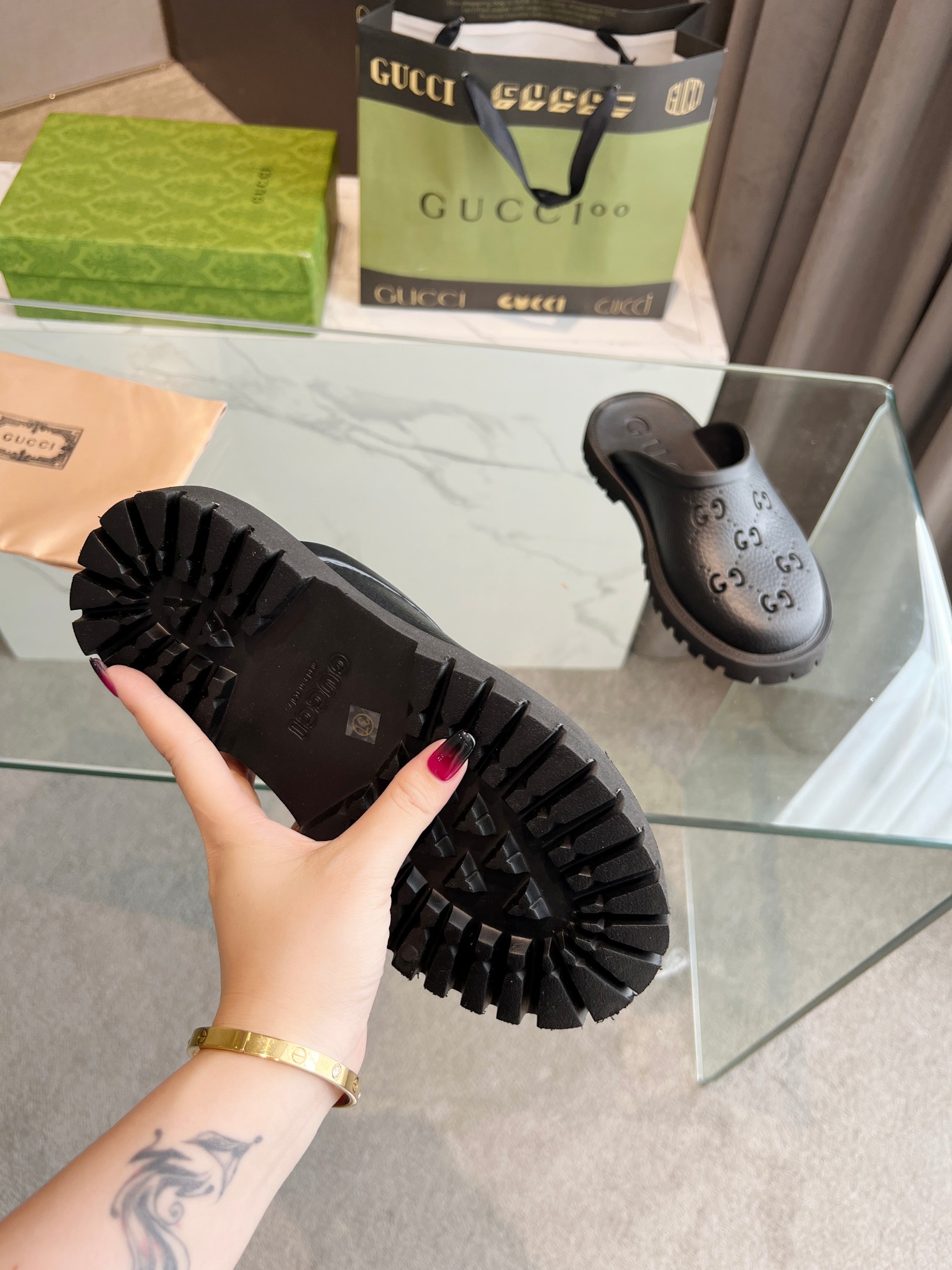 Gucci GG Slides perforated carved shoes black B - Image 6