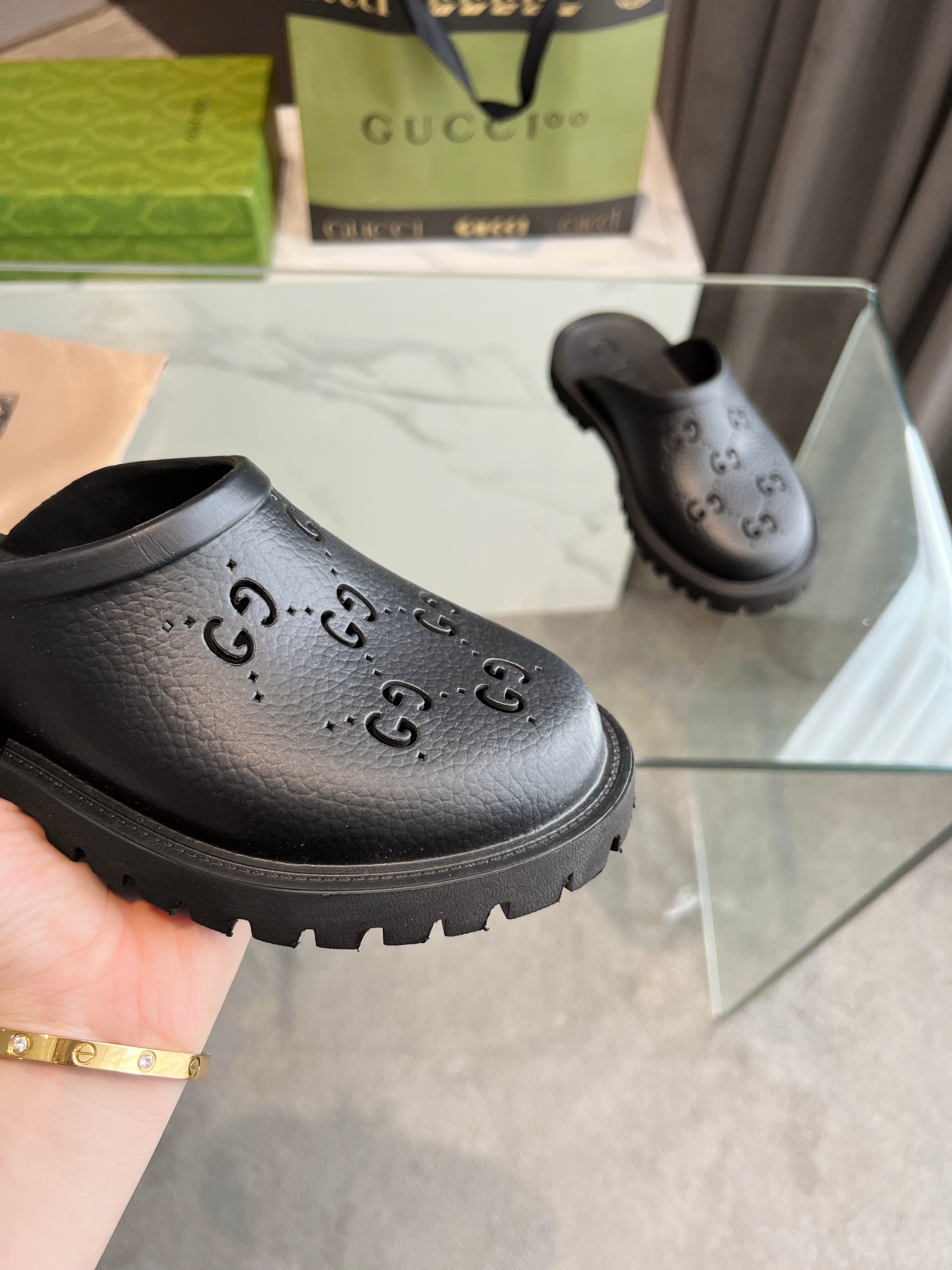 Gucci GG Slides perforated carved shoes black B - Image 7