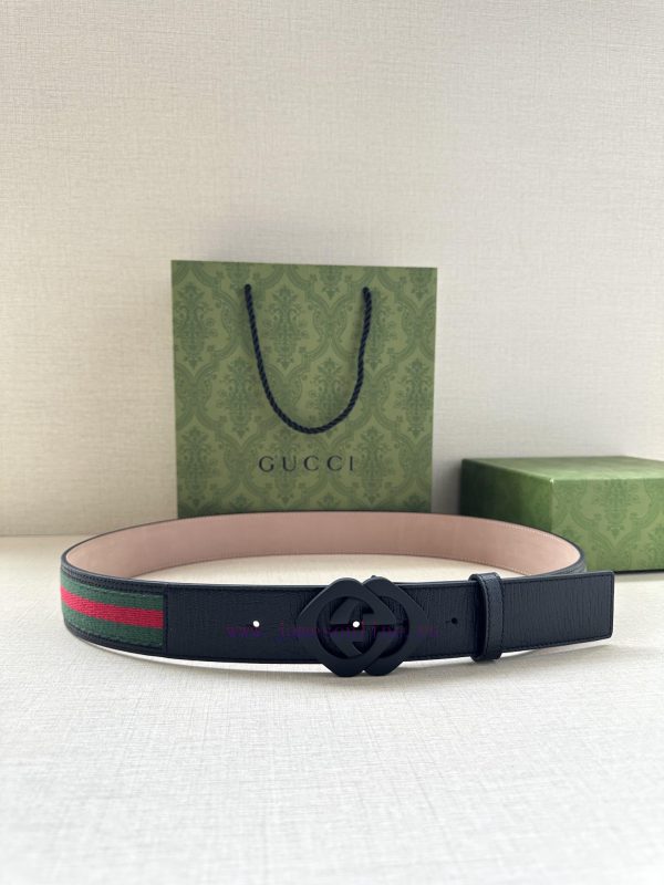 Width 4.0cm GUCCI classic canvas woven belt with woven leather edges and double G steel buck 995ednxd